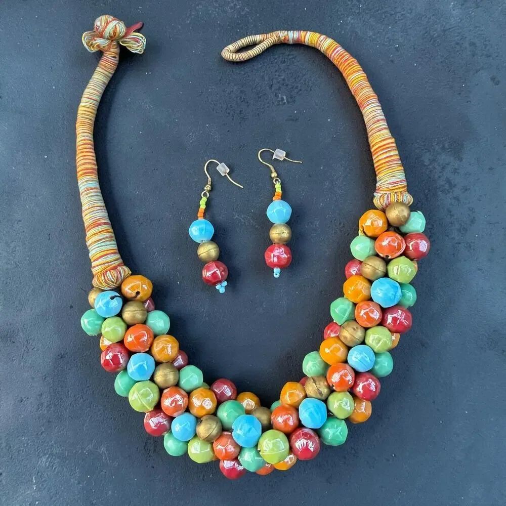 Vintage Boho Ceramic Bead Statement Necklace & Earrings Set Multicolor